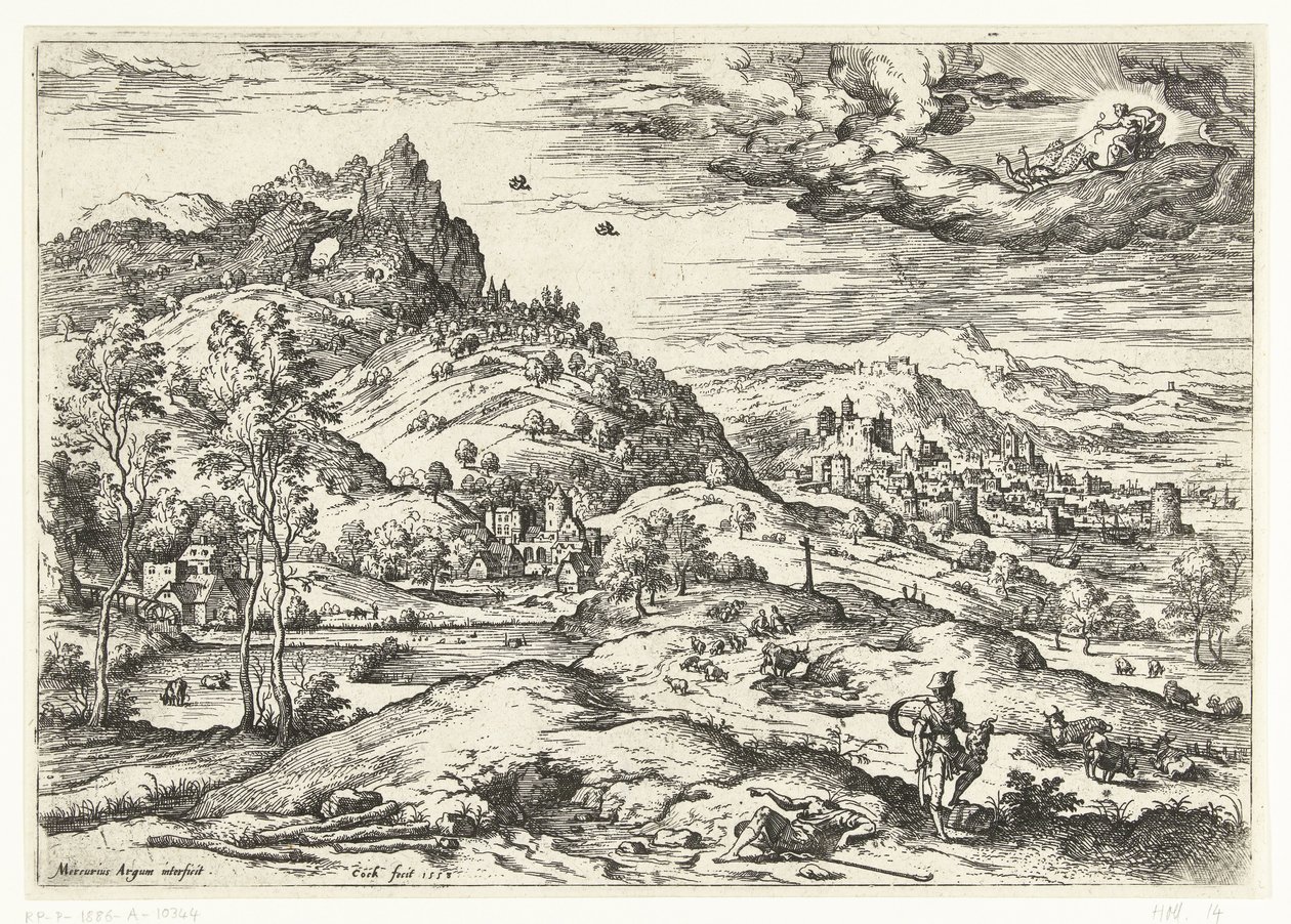 Mercurio con la cabeza de Argus Paisajes con escenas bíblicas y mitológicas (título de serie) de Hieronymus Cock