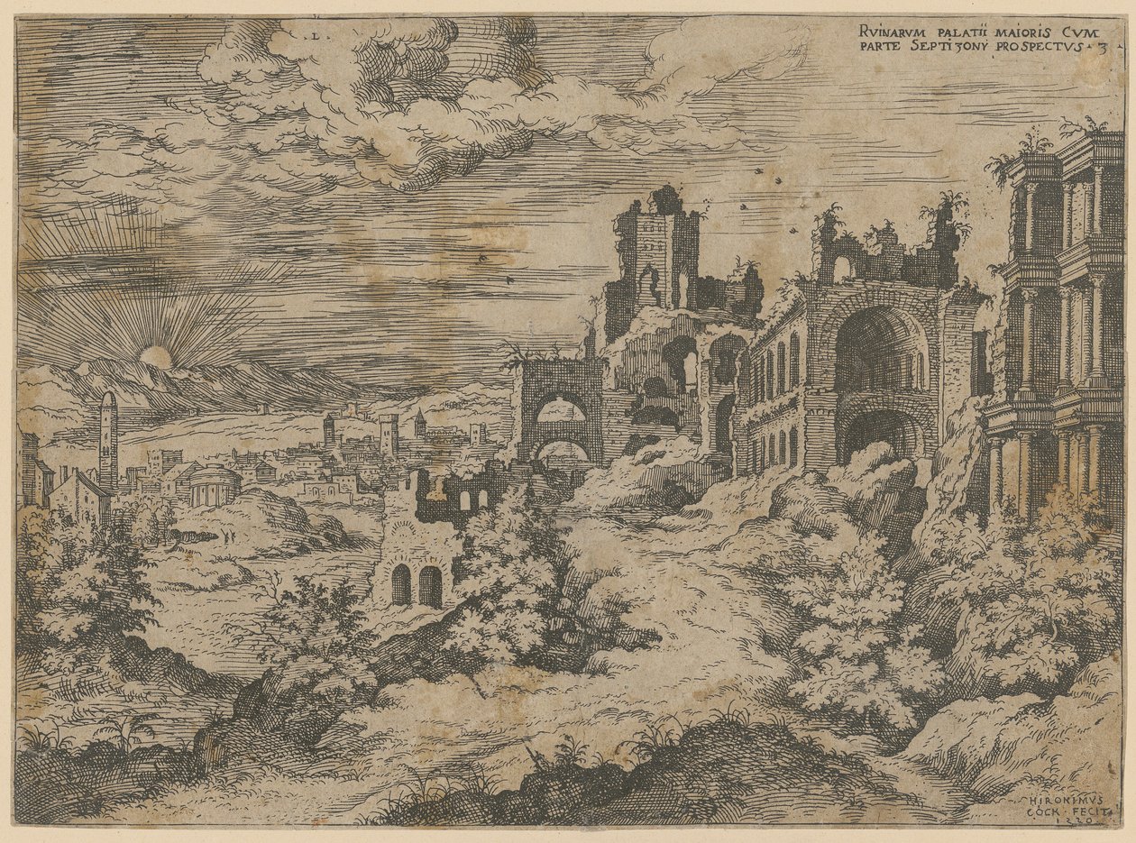 Ruinas del Palatino con vista panorámica del paisaje, lámina 3 de la serie «Praecipua aliquot Romanae Antiquitatis Ruinarum Monimenta [...]» de Hieronymus Cock
