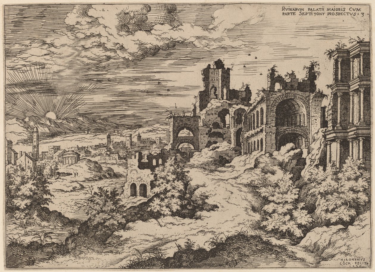 Ruinas en el Palatino con un paisaje panorámico de Hieronymus Cock