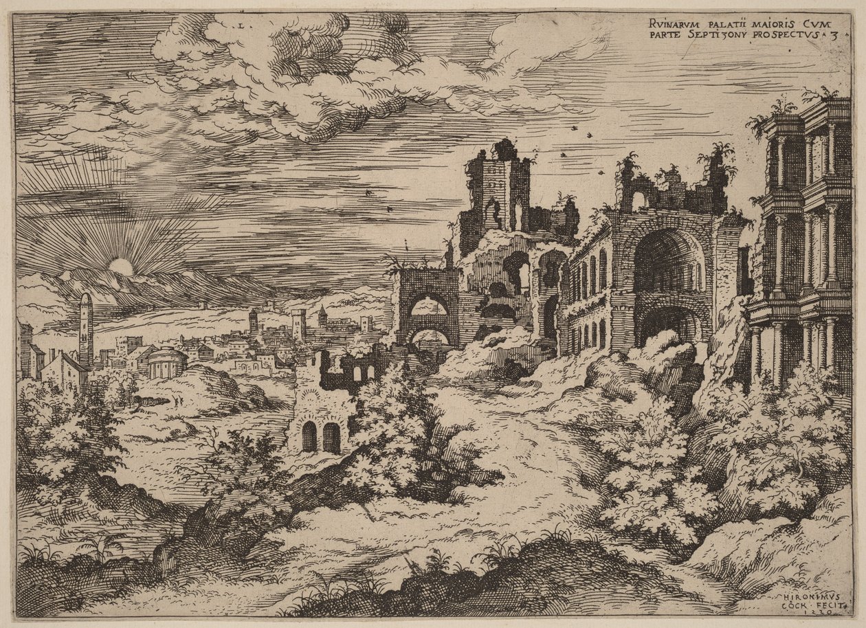 Ruinas en el Palatino con un paisaje panorámico de Hieronymus Cock