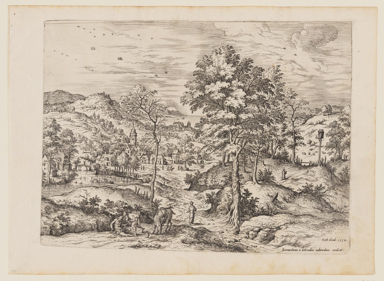 El buen samaritano, de Paisajes con escenas bíblicas y mitológicas de Hieronymus Cock