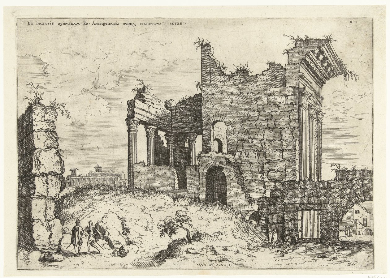 Tweede gezicht op het Forum Nerva Ex incertis qvibvsdam Ro Antiqvitatis rvinis (...) (título sobre el objeto) Ruinas romanas (título de la serie) de Hieronymus Cock