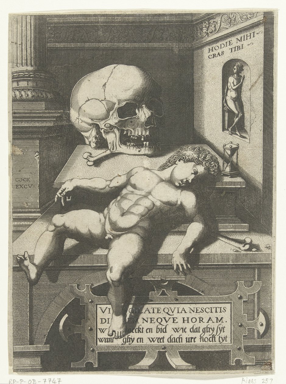 Actuación de vanitas con niño y calavera (Hodi mihi kras tibi / Hoy yo, mañana tú) de Hieronymus Cock