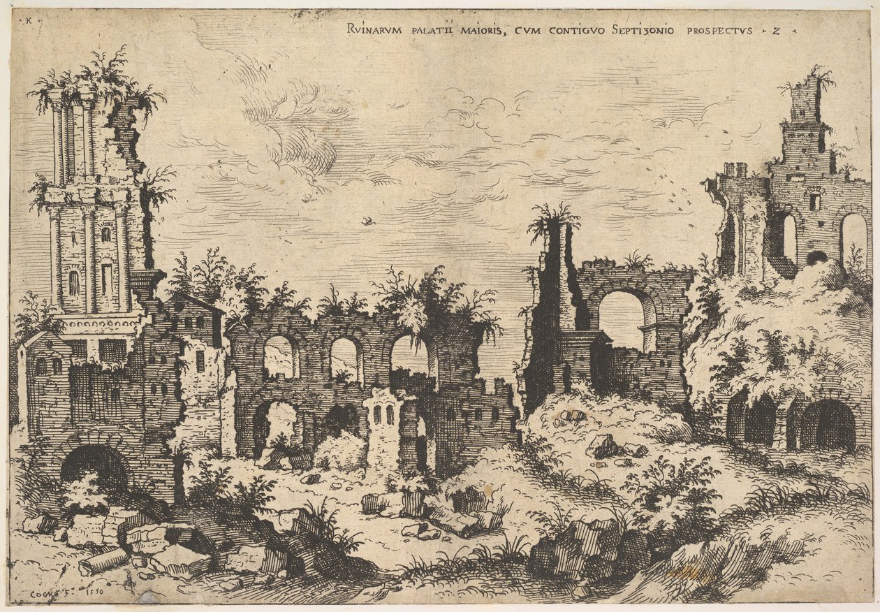 Vista de las ruinas en la Colina Palatina con fachada trabada a la izquierda y arcadas en el centro de Hieronymus Cock