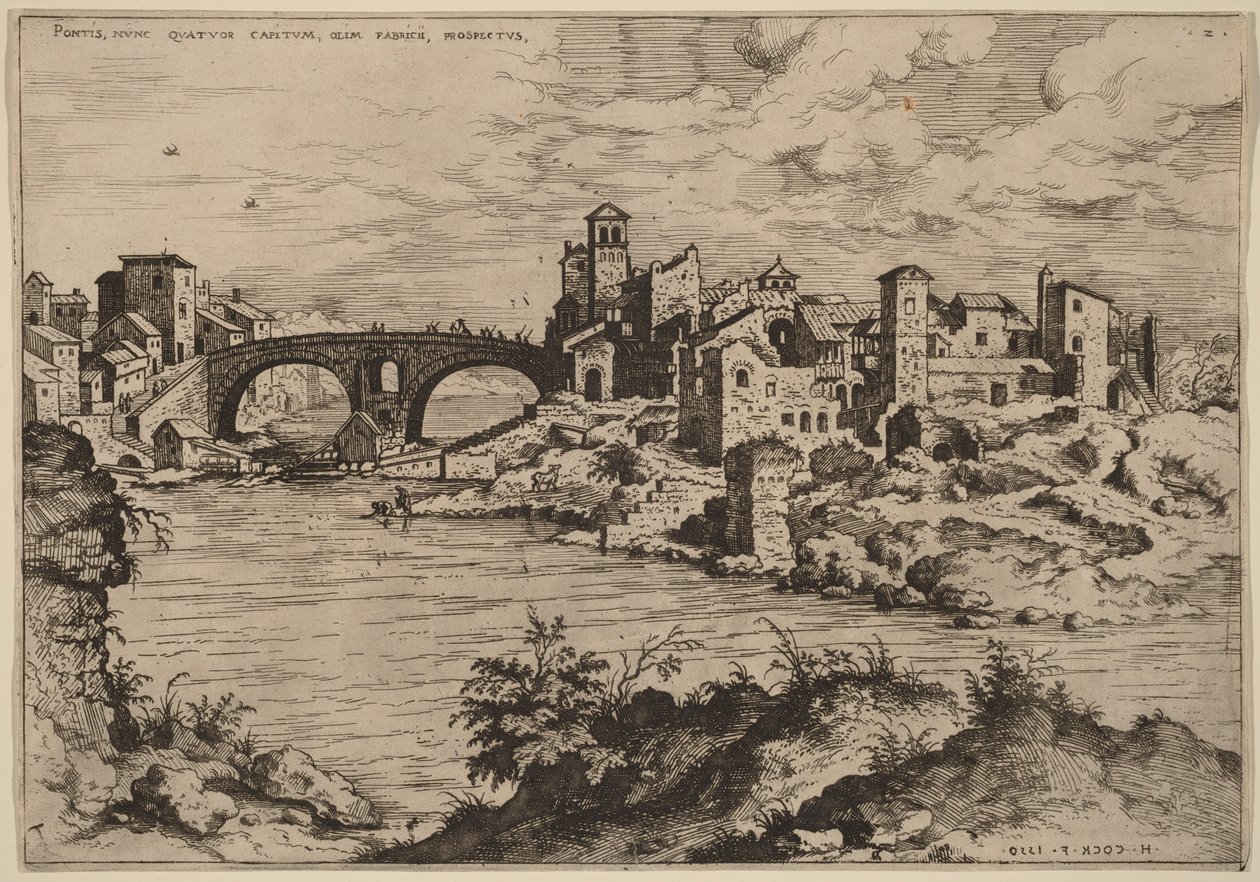 Vista del Ponte Quattro Capi y de la Isla del Tíber de Hieronymus Cock