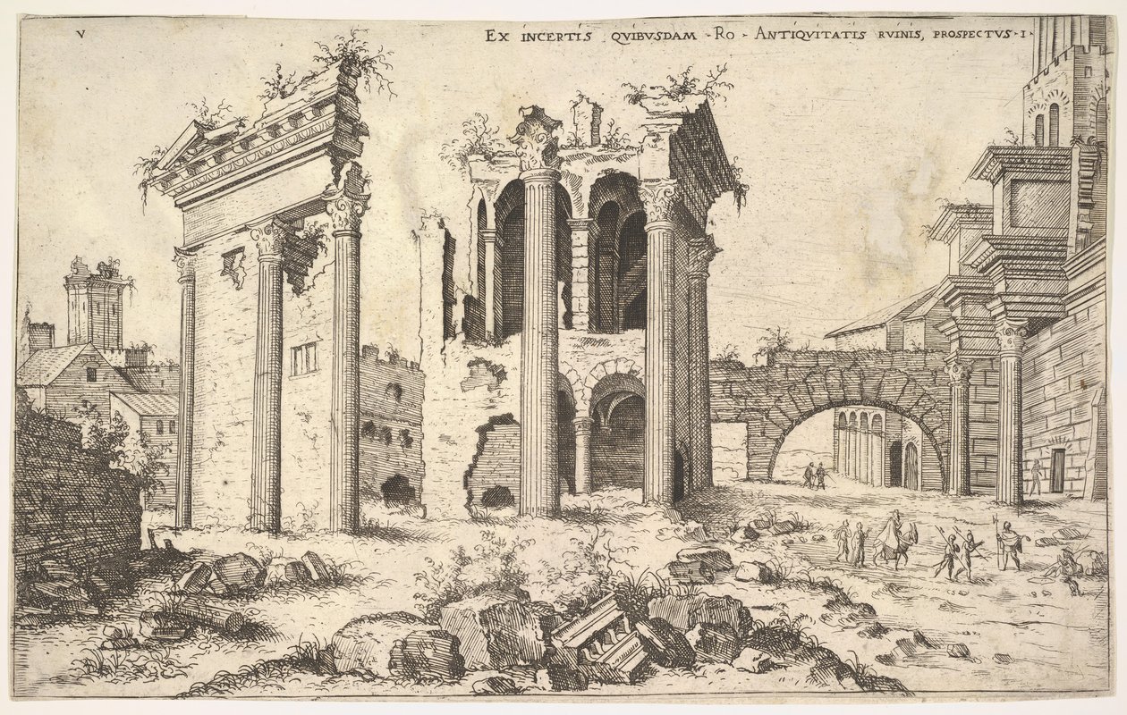 Vista de ruinas no identificadas con fachada trabada a la izquierda, arcadas en el centro y arco, 1551 de Hieronymus Cock