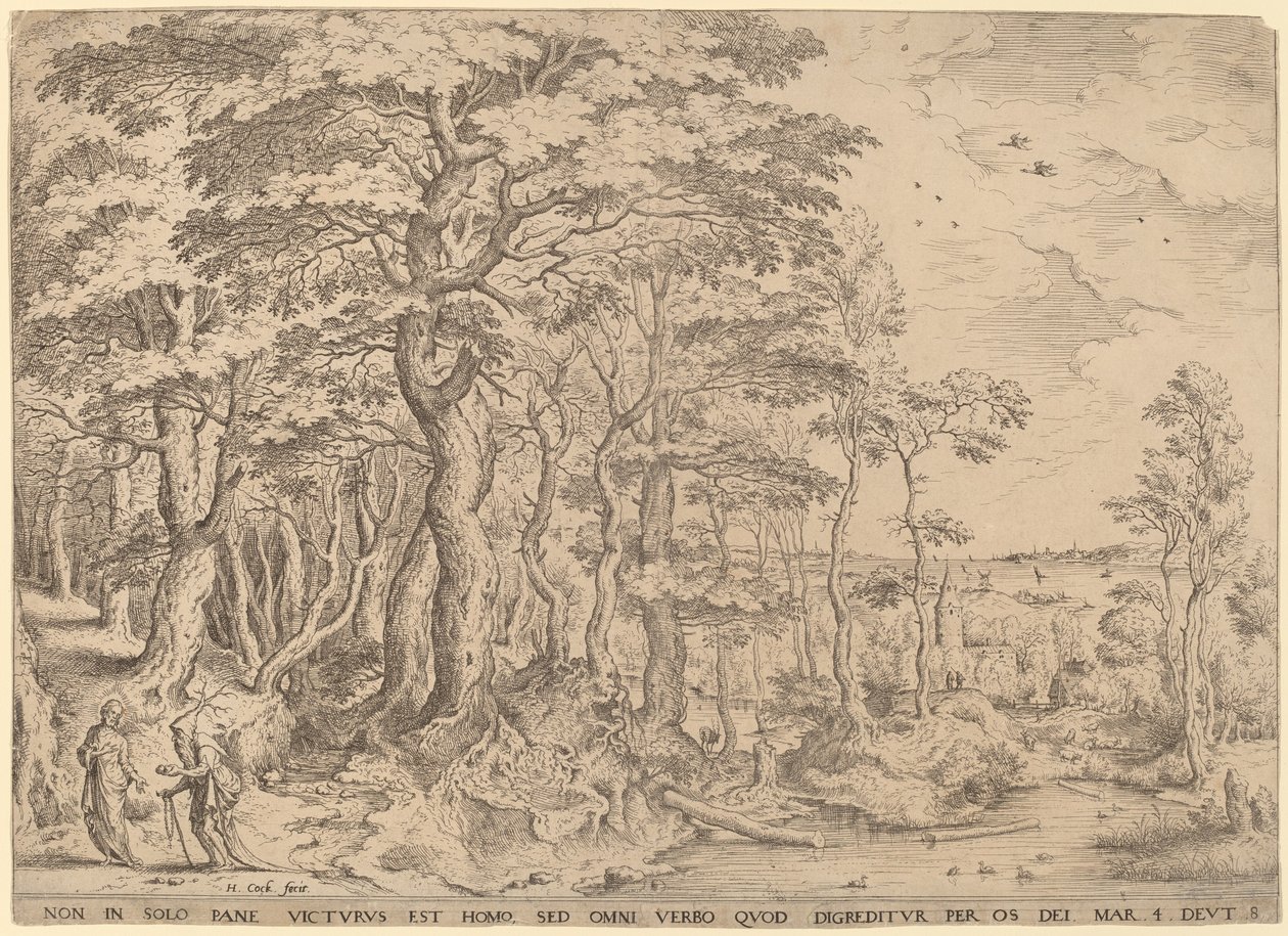Paisaje con la tentación de Cristo de Hieronymus Cock after Pieter Bruegel the Elder