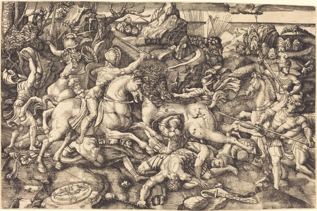 Combate entre jinetes y soldados de infantería de Hieronymus Hopfer after Raphael