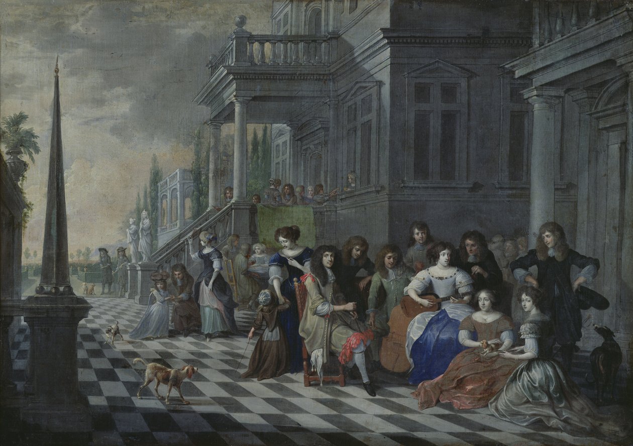 Personajes haciendo música frente a un palacio, 1672 de Hieronymus Janssens
