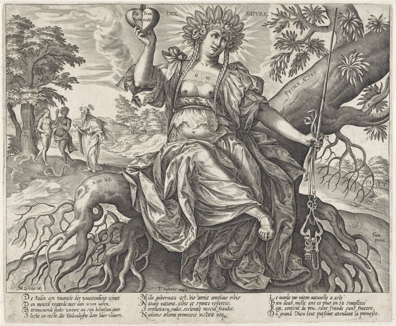 La edad de oro: la ley de la naturaleza Prima tas (título sobre objeto) Las personificaciones de las tres leyes gobiernan las tres edades del mundo (título de la serie) de Hieronymus Wierix