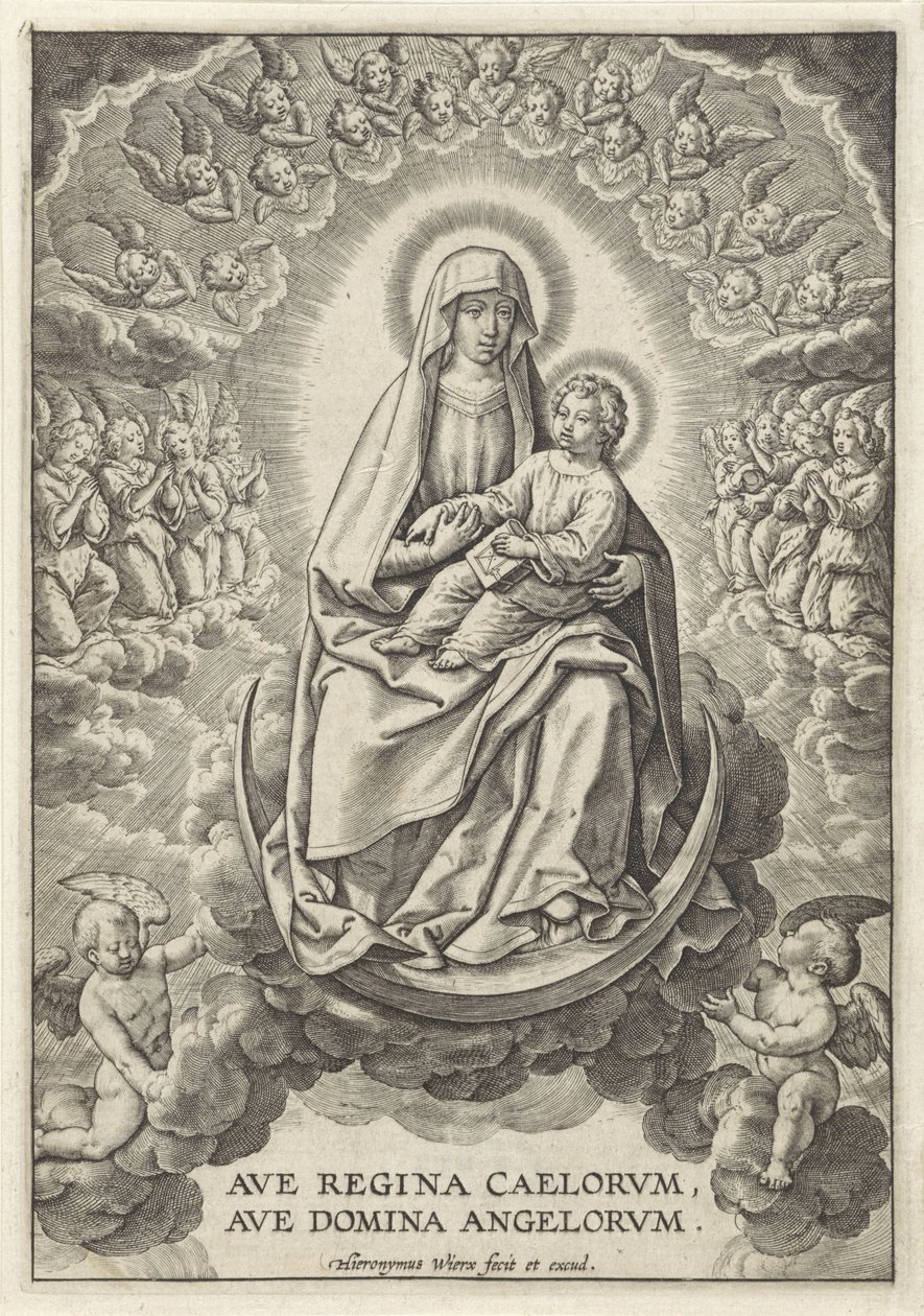 María con el Niño Jesús en la Luna Creciente Ave Regina Caelorum, Ave Domina Angelorvm (título sobre objeto) de Hieronymus Wierix