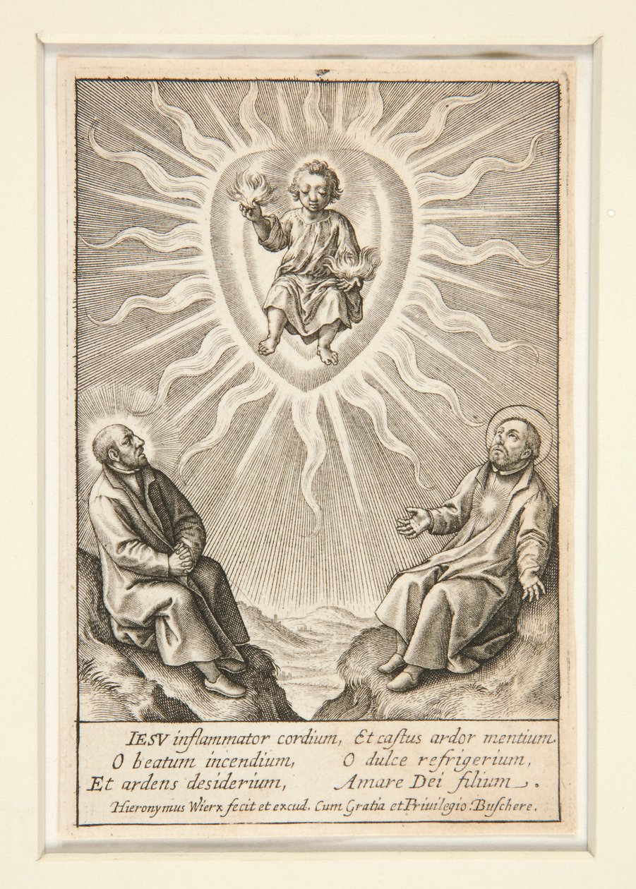 El niño con el corazón en llamas entre Ignacio de Loyola y Francisco Javier de Hieronymus Wierix