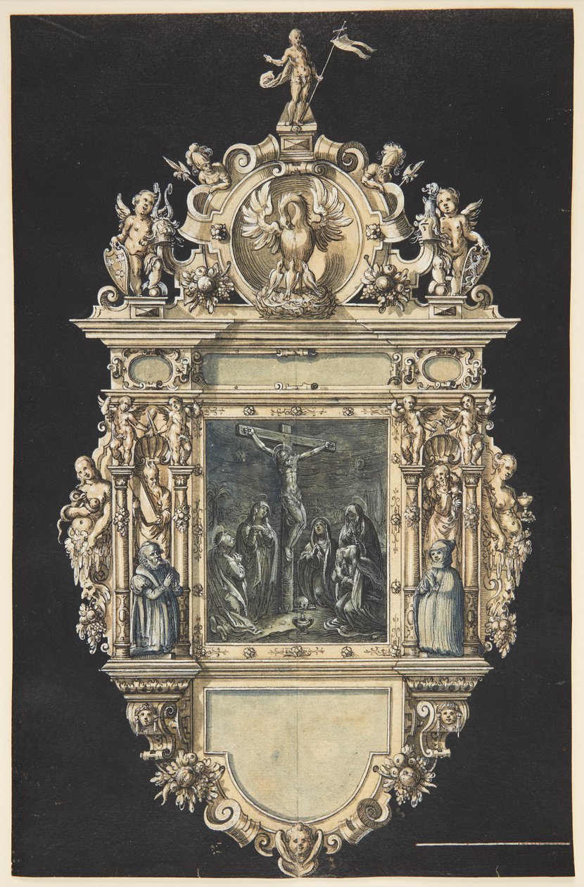 Boceto para un epitafio con la crucifixión de Cristo. Un marco ricamente ornamentado con numerosas figuras de Hieronymus Wierix