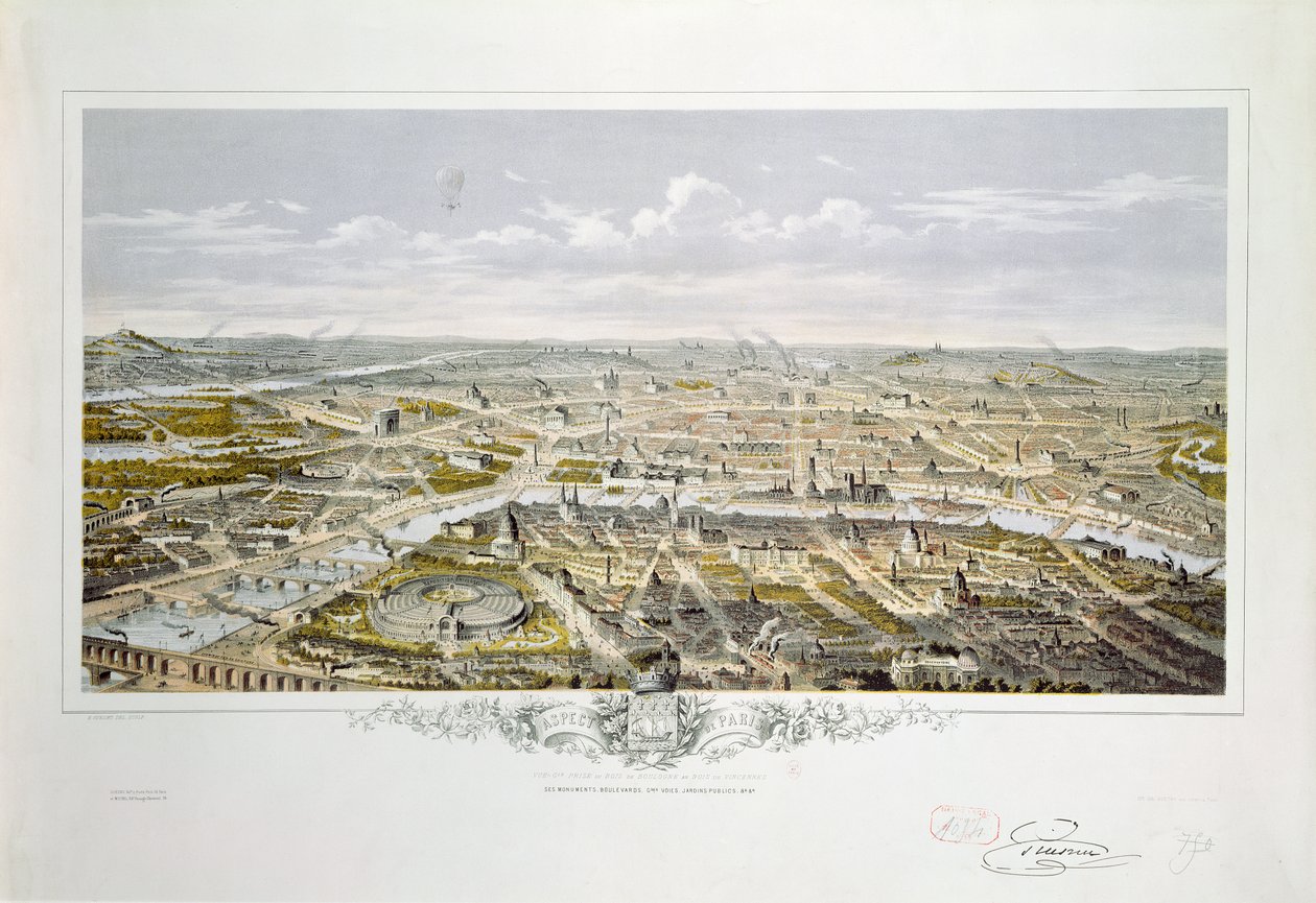 Vista de París desde el Bois de Boulogne, durante la Exposición Universal en 1867 (grabado en color) de Hilaire Guesnu