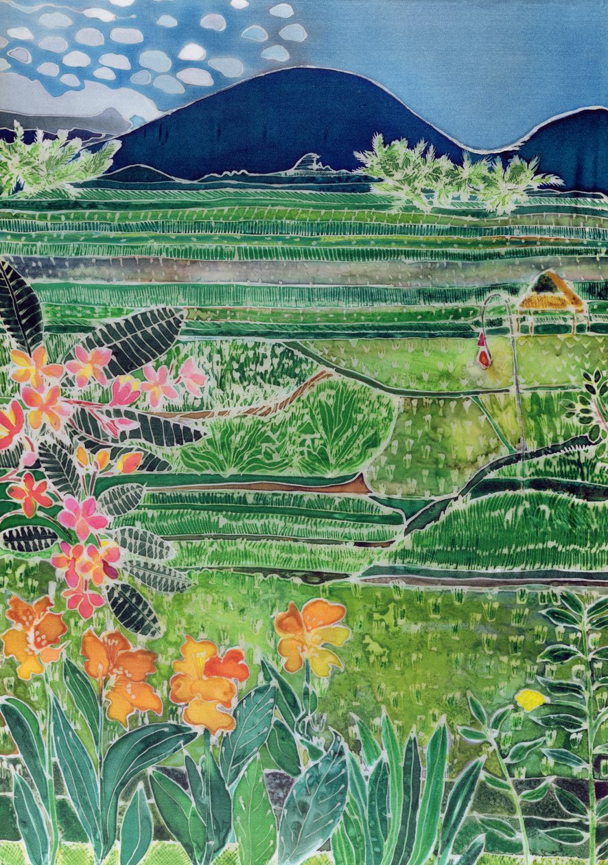 Campos de arroz de Lovina con lirios y frangipani, Bali, 1996 de Hilary Simon