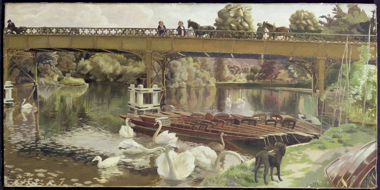 Swans, Cookham Bridge (óleo sobre lienzo) de Hilda Carline