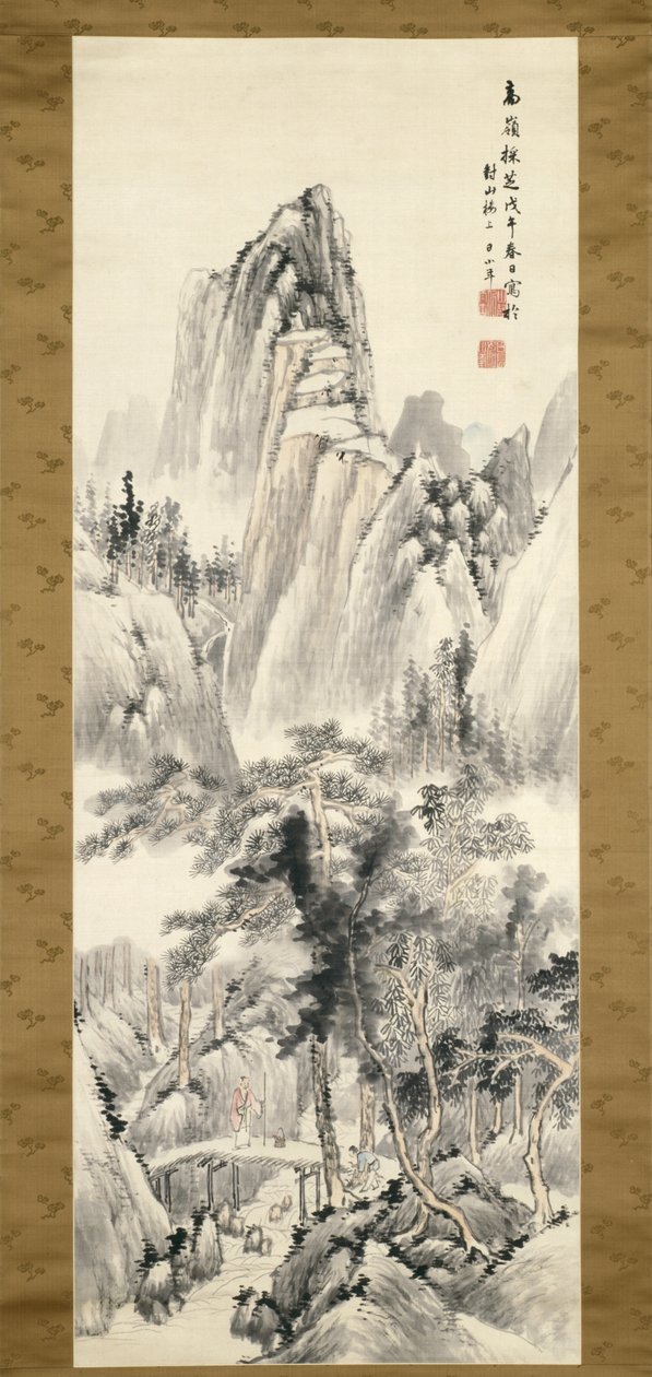 Gathering Fungus In Lofty Mountains (tinta y colores claros sobre seda) de Hine Taizan