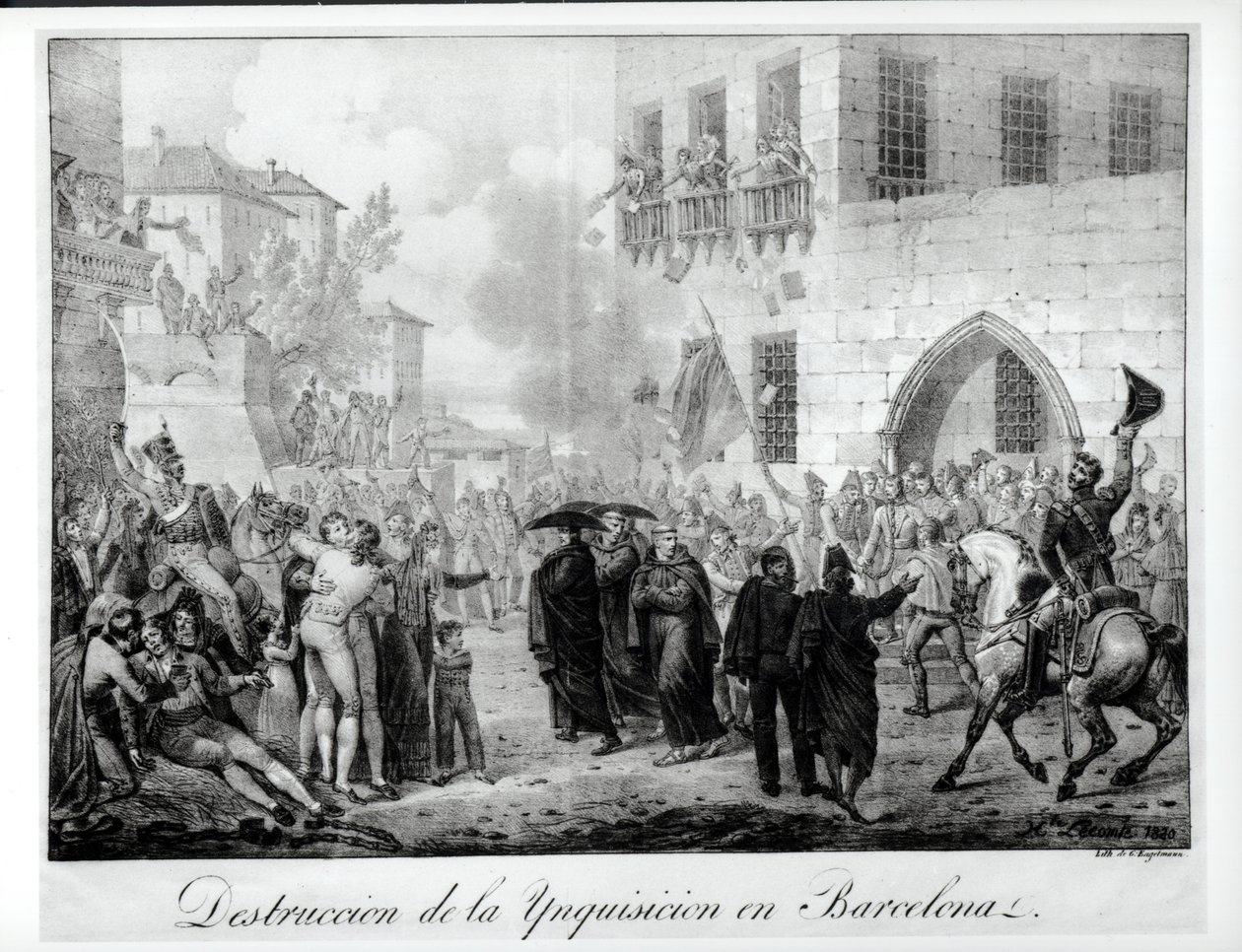 Destrucción de la Inquisición en Barcelona, 10 de marzo de 1820, grabado por Godefroy Engelmann de Hippolyte Lecomte