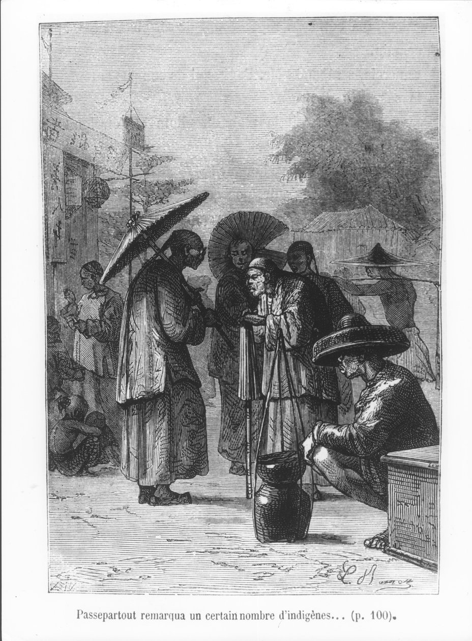 Passepartout nota a varios nativos, ilustración de 