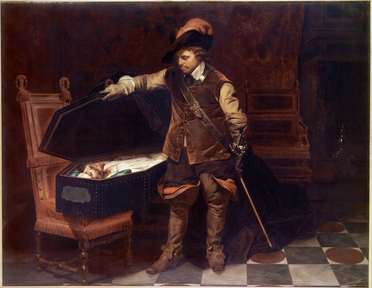 ""Oliver Cromwell ante el ataúd de Carlos I Estuardo"" (1649). Oliver Cromwell (1599-1658) impone el juicio del Rey de Inglaterra que será condenado y decapitado el 9 de febrero de 1649. Pintura de Paul Delaroche (1797-1856) de Hippolyte Delaroche