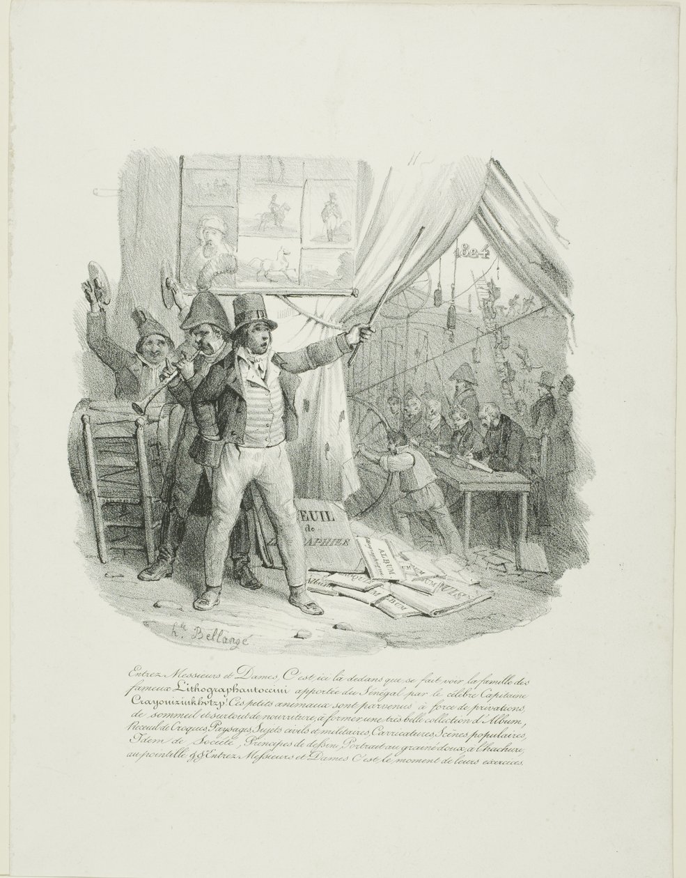 Pasen, Señoras y Señores, Dentro verán a la Famosa Familia Lithographantoccini...Frontispiece para el "Album de 1824" de Hippolyte Bellange