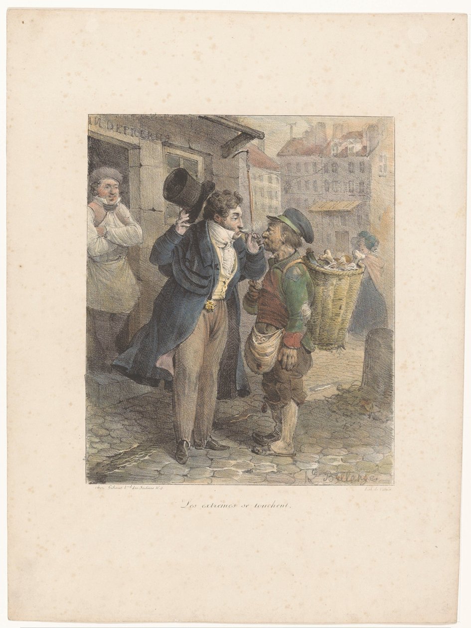 Caballero bien vestido enciende su cigarro de la pipa de un trabajador en harapos Les extrêmes se touchent (título sobre objeto) Bocetos litográficos (título de la serie) Croquis lithographiques (título de serie sobre objeto) de Hippolyte Bellange
