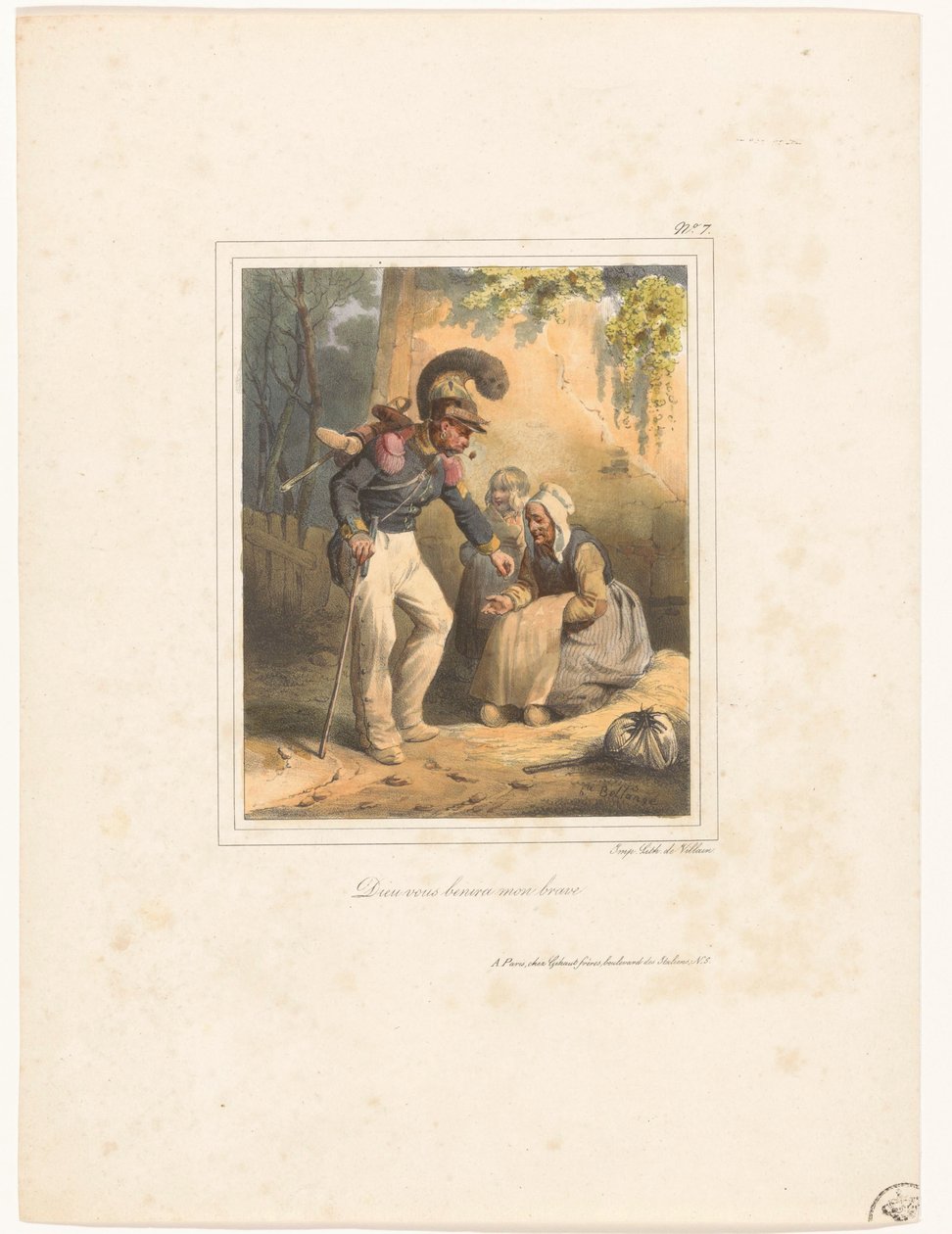 Soldado le da dinero a una mujer pobre Dieu vous benira mon valiente (título sobre objeto) Álbum litográfico nº 9 (título de serie) de Hippolyte Bellange