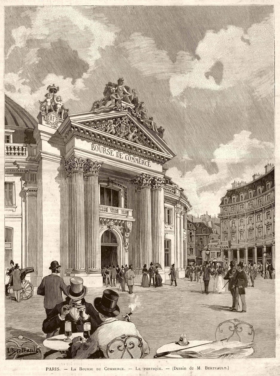 La Bolsa de París en 1889. Dibujo de M. Berteault de Hippolyte Berteaux