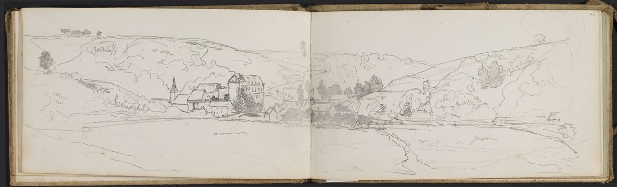 Vista de pueblo con anotaciones de color (hojas de un cuaderno de bocetos) de Hippolyte Boulenger