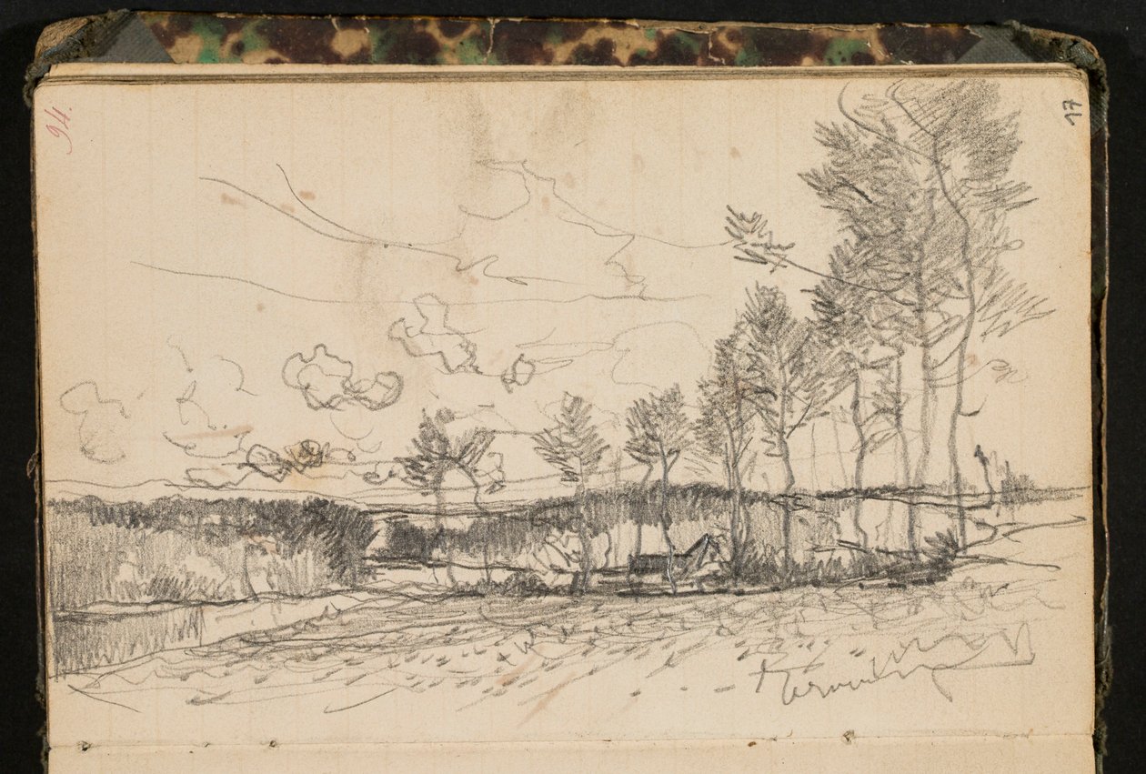Paisaje con árboles y una granja (página de un cuaderno de bocetos) de Hippolyte Boulenger