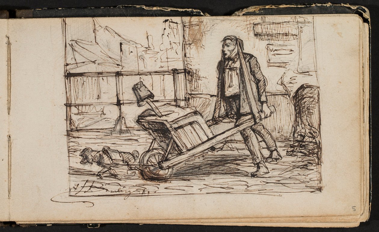Hombre con carretilla y perrito (página de un cuaderno de bocetos) de Hippolyte Boulenger