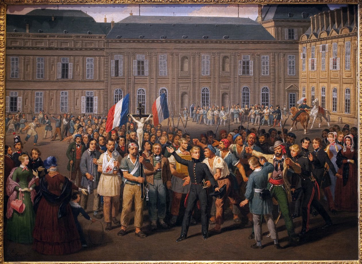 Los politécnicos llevando el crucifijo salvado de la capilla de las Tullerías, durante la revuelta del 24 de febrero de Hippolyte Lecomte