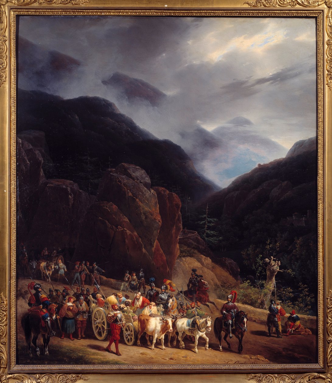 El regreso de la batalla de Marignan Armees de Francois I regresando de Marignan (Maregnano) el 14/09/1515. Pintura de Hippolyte Lecomte (1781-1857) 1829 Sol. 0,54x0,65 m Bourg En Bresse. Museo de Brou de Hippolyte Lecomte