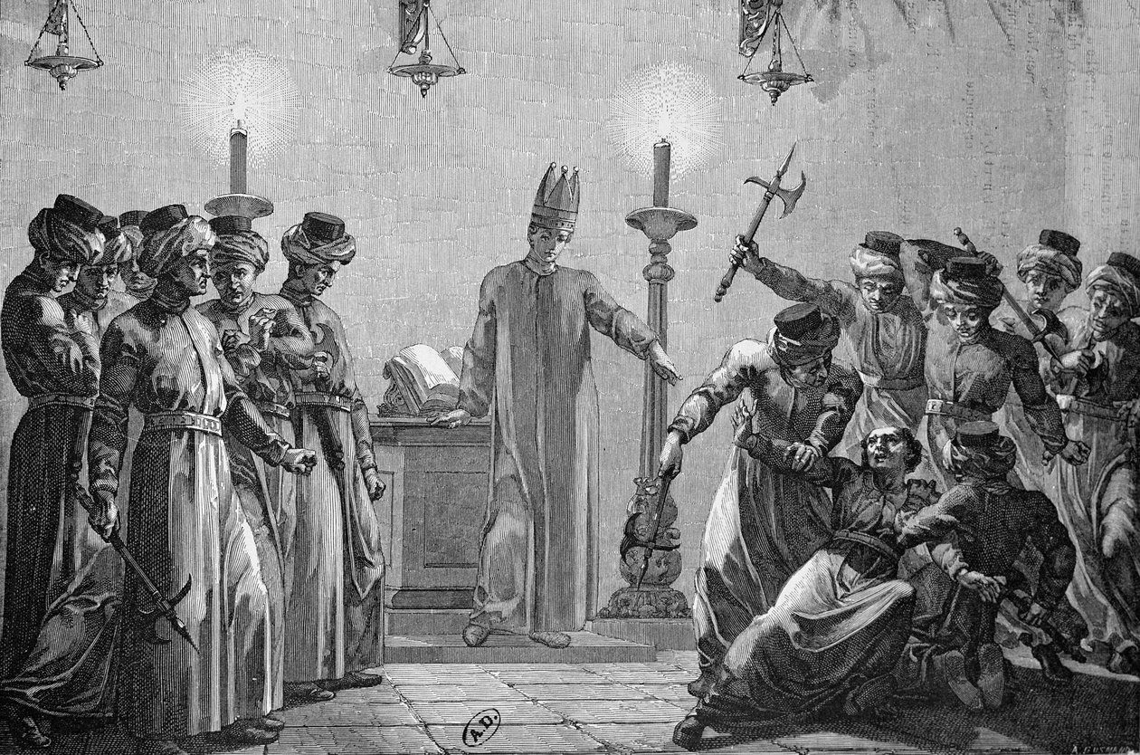 Asesinato ritual cometido por los Danitas, según las acusaciones de los oponentes mormones, dibujado por David y grabado por A. Gusmand de Hippolyte Leon Benett