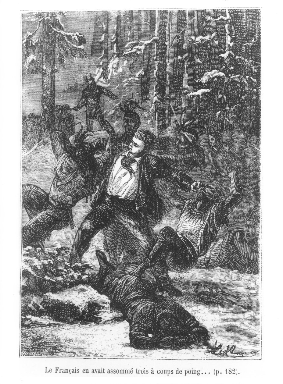El francés fue capaz de derribar a tres de ellos con un puñetazo, ilustración de La vuelta al mundo en ochenta días por Jules Verne (1828-1905) grabado por Henri Theophile Hildibrand (1824-97) 1873 de Hippolyte Leon Benett