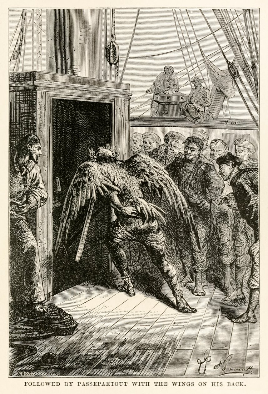 Seguido por Passepartout con las alas en la espalda, de La vuelta al mundo en ochenta días de Julio Verne (1828-1905), grabado por Adolphe François Pannemaker (1822-1900), 1873 de Hippolyte Leon after Benett