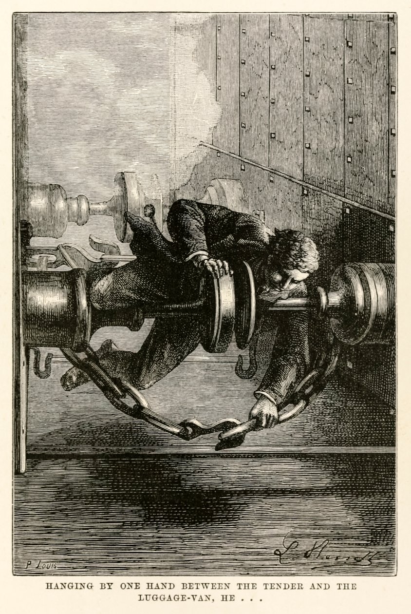 Colgado con una mano entre el ténder y el vagón de equipajes, él... de La vuelta al mundo en ochenta días de Julio Verne (1828-1905) grabado por Louis, 1873 de Hippolyte Leon after Benett