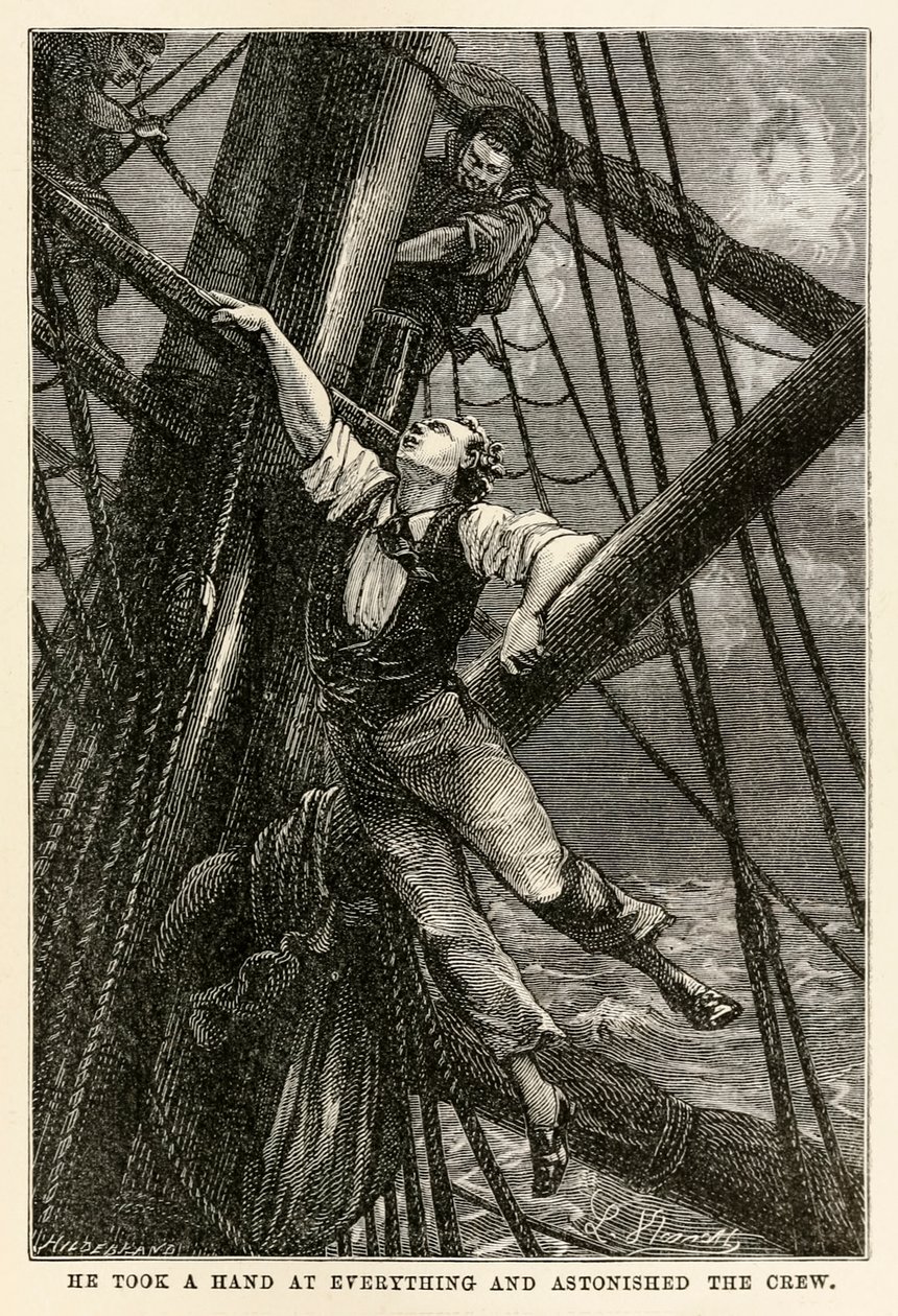 Él se ocupaba de todo y asombraba a la tripulación, de La vuelta al mundo en ochenta días de Julio Verne (1828-1905) grabado por Henri-Théophile Hildebrand (1824-97), 1873 de Hippolyte Leon after Benett