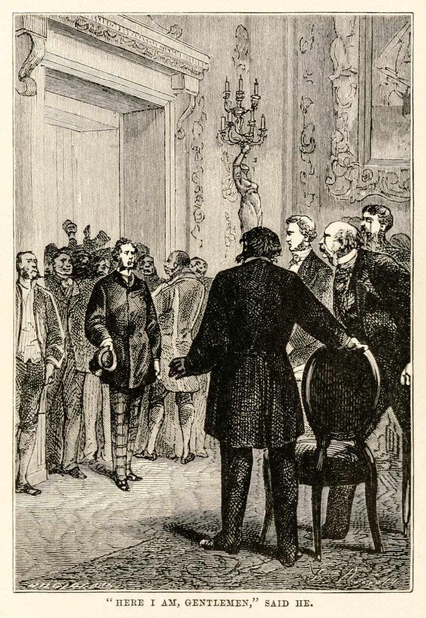 Aquí estoy señores, dijo él, de La vuelta al mundo en ochenta días de Julio Verne (1828-1905) grabado por Henri-Théophile Hildebrand (1824-97), 1873 de Hippolyte Leon after Benett