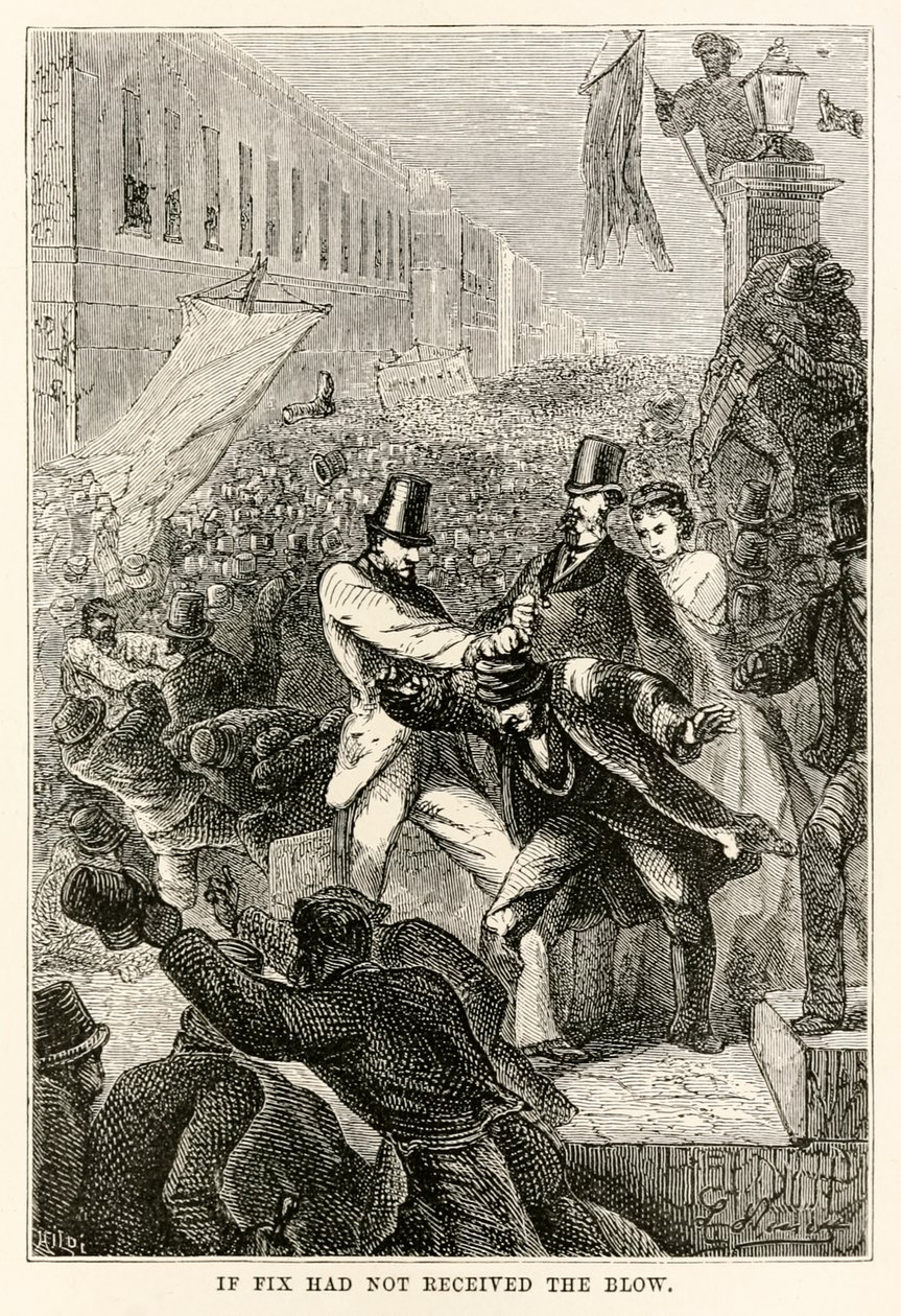 Si Fix no hubiera recibido el golpe, de La vuelta al mundo en ochenta días de Julio Verne (1828-1905) grabado por Henri-Théophile Hildebrand (1824-97), 1873 de Hippolyte Leon after Benett