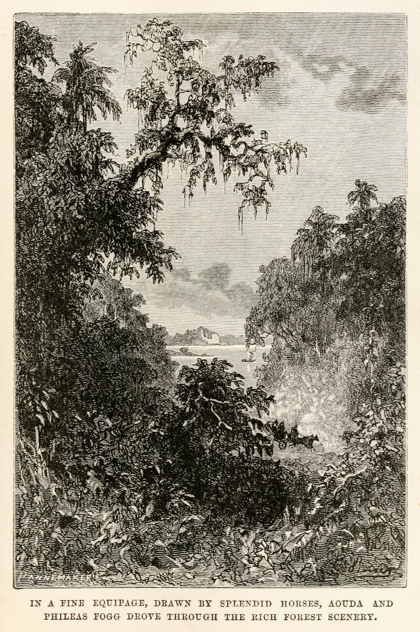En un elegante carruaje, tirado por espléndidos caballos, Aouda y Phileas Fogg recorrieron el rico paisaje forestal, de La vuelta al mundo en ochenta días de Julio Verne (1828-1905) grabado por Henri-Théophile de Hippolyte Leon after Benett