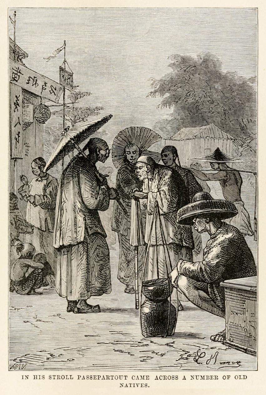 En su paseo Passepartout se encontró con varios viejos nativos, de La vuelta al mundo en ochenta días de Julio Verne (1828-1905), grabado por Adolphe François Pannemaker (1822-1900), 1873 de Hippolyte Leon after Benett