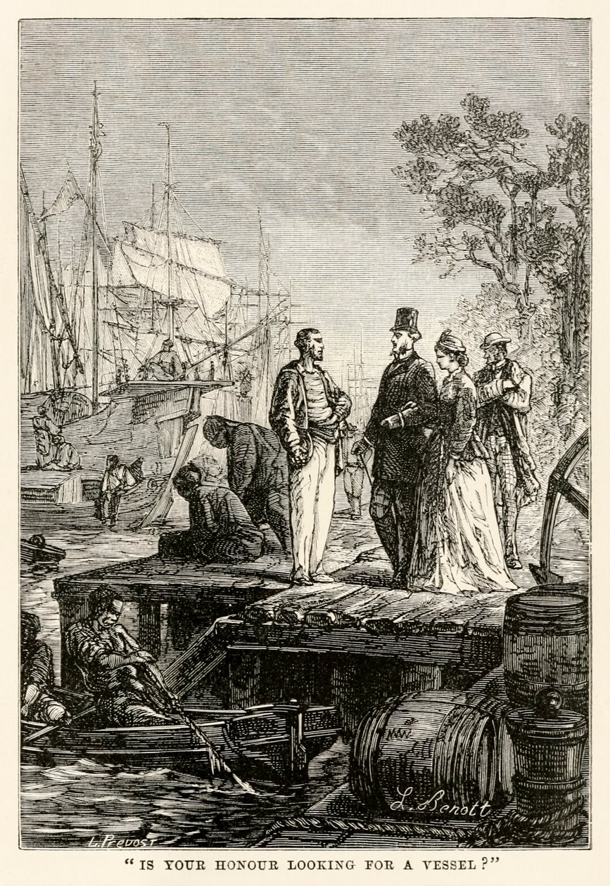 ¿Está su señoría buscando un barco?, de La vuelta al mundo en ochenta días de Julio Verne (1828-1905), grabado por Louis Prevost, 1873 de Hippolyte Leon after Benett