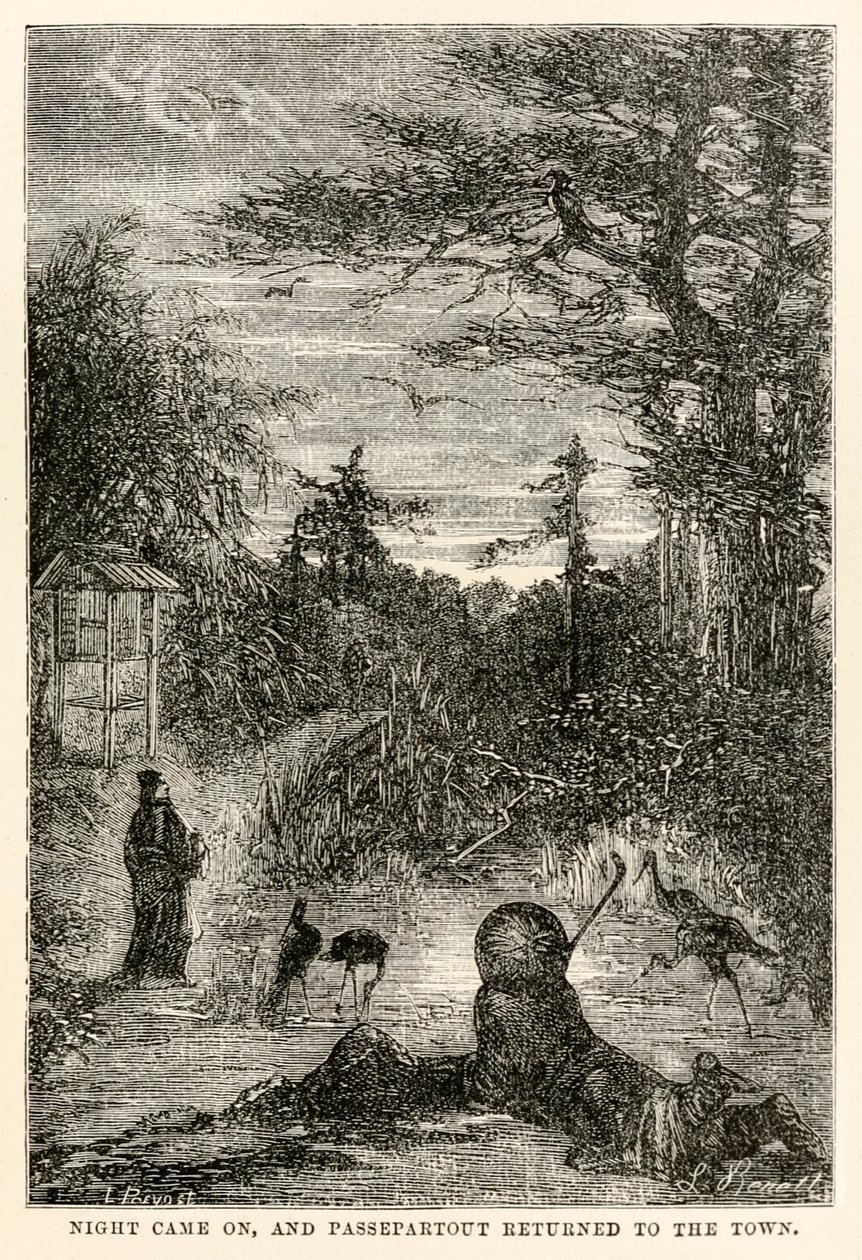 Cayó la noche, y Passepartout regresó a la ciudad, de La vuelta al mundo en ochenta días de Julio Verne (1828-1905), grabado por Louis Prevost, 1873 de Hippolyte Leon after Benett