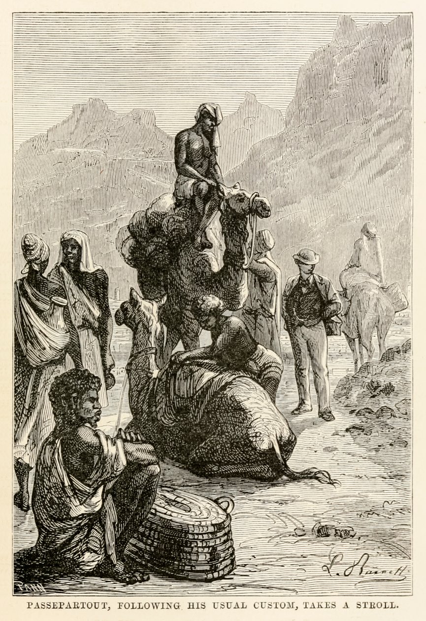 Passepartout, siguiendo su costumbre habitual, da un paseo, de La vuelta al mundo en ochenta días de Julio Verne de Hippolyte Leon after Benett