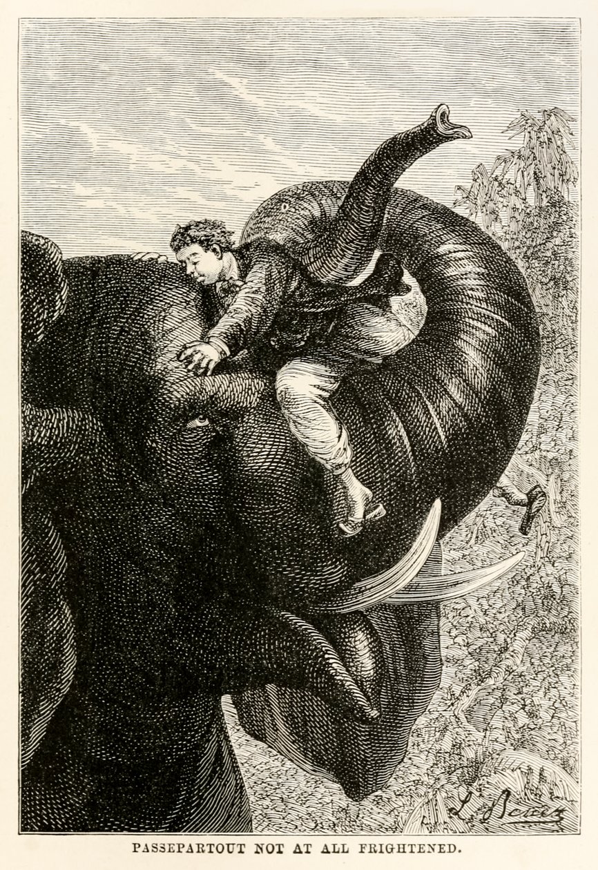 Passepartout no estaba en absoluto asustado, de La vuelta al mundo en ochenta días de Julio Verne (1828-1905), 1873 de Hippolyte Leon after Benett