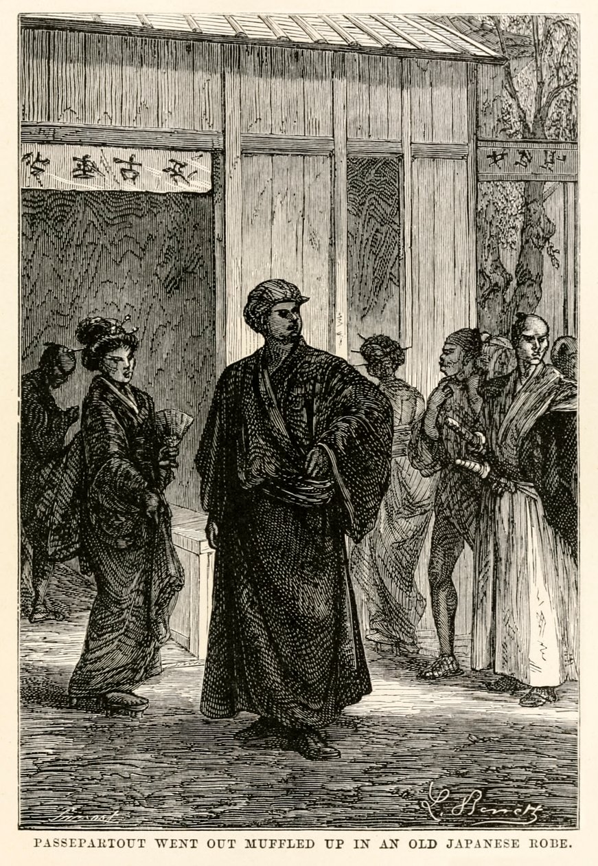 Passepartout salió envuelto en una vieja bata japonesa, de La vuelta al mundo en ochenta días de Julio Verne (1828-1905), grabado por Louis Prevost, 1873 de Hippolyte Leon after Benett