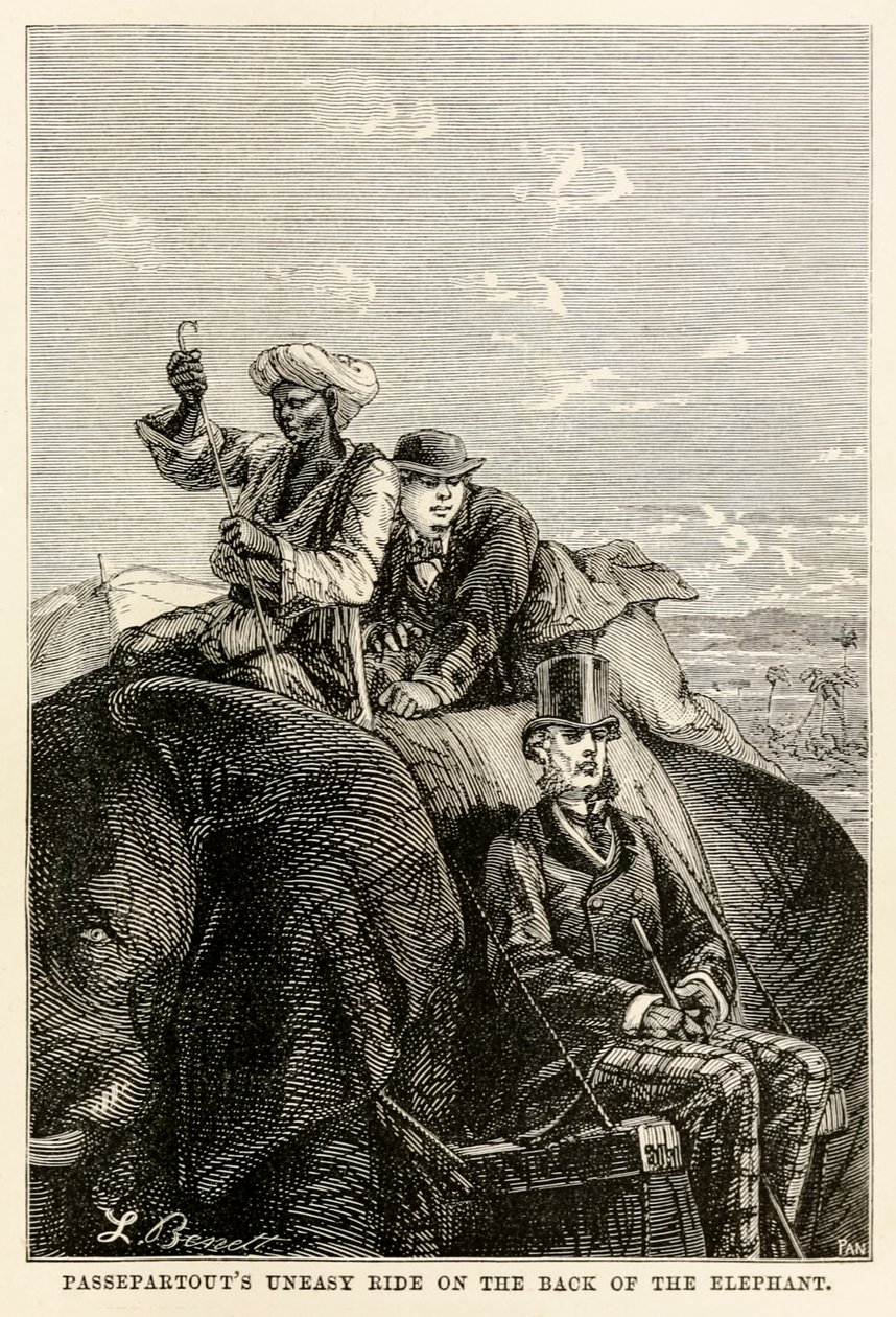 El incómodo viaje de Passepartout en el lomo del elefante, de La vuelta al mundo en ochenta días de Julio Verne de Hippolyte Leon after Benett