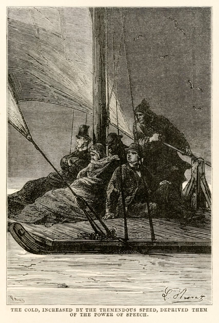 El frío, aumentado por la tremenda velocidad, les privó del poder del habla, de La vuelta al mundo en ochenta días de Julio Verne (1828-1905) grabado por Adolphe François Pannemaker (1822-1900) de Hippolyte Leon after Benett