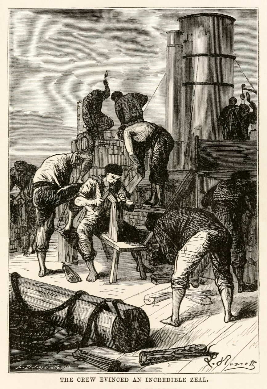 La tripulación mostró un celo increíble, de La vuelta al mundo en ochenta días de Julio Verne (1828-1905) grabado por Louis Dumont (n.1822), 1873 de Hippolyte Leon after Benett